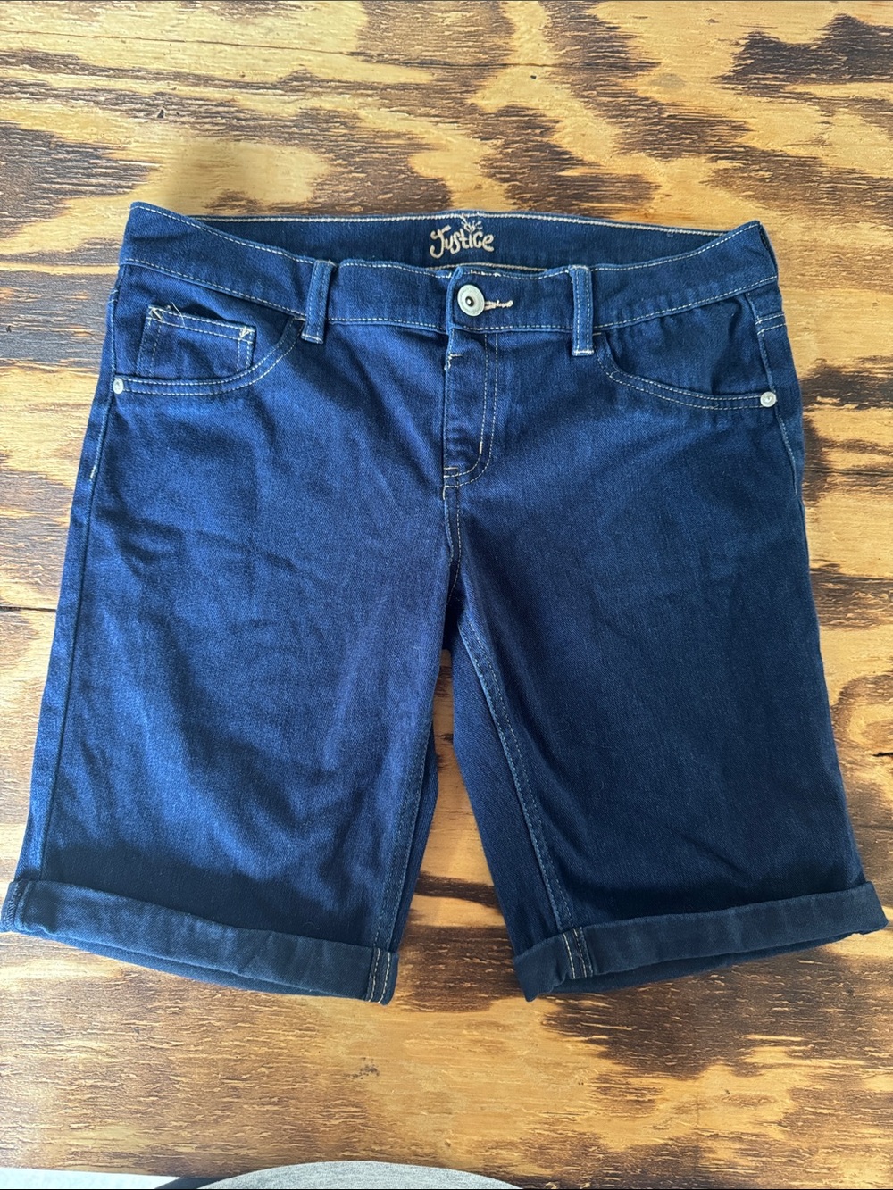 Justice Navy Roll-Cuff Denim Bermuda Shorts